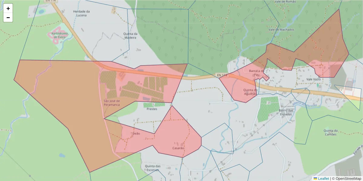 Mapa detalhado do código postal 7000-733 com limites, códigos postais vizinhos e agências dos correios