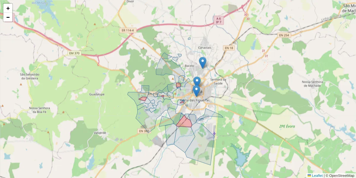 Mapa detalhado do código postal 7000-736 com limites, códigos postais vizinhos e agências dos correios