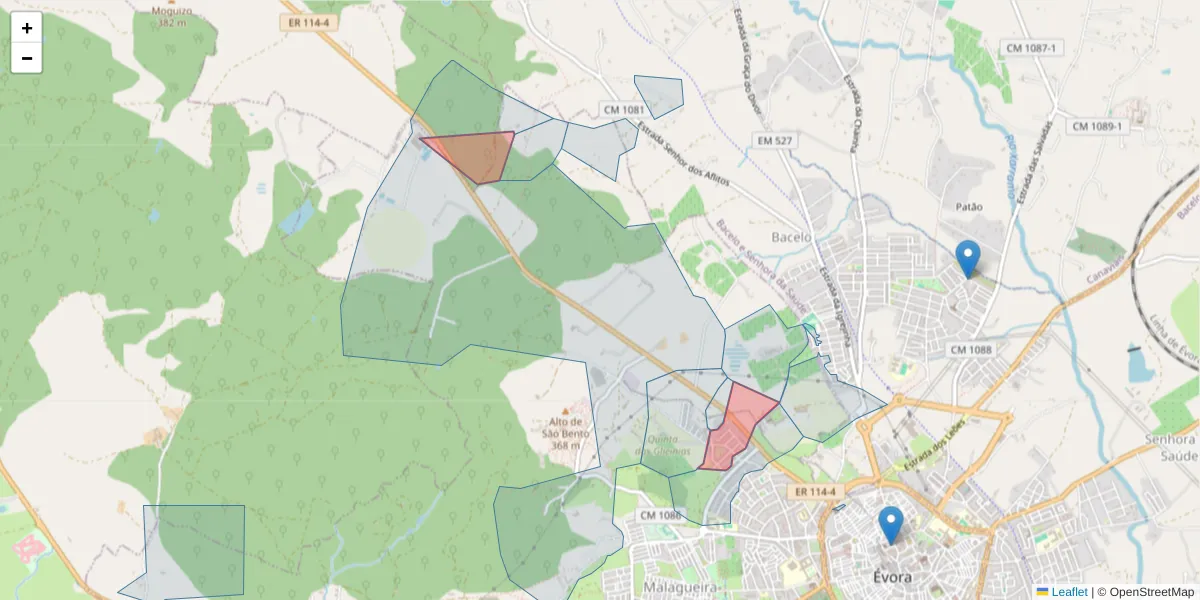 Mapa detalhado do código postal 7000-737 com limites, códigos postais vizinhos e agências dos correios