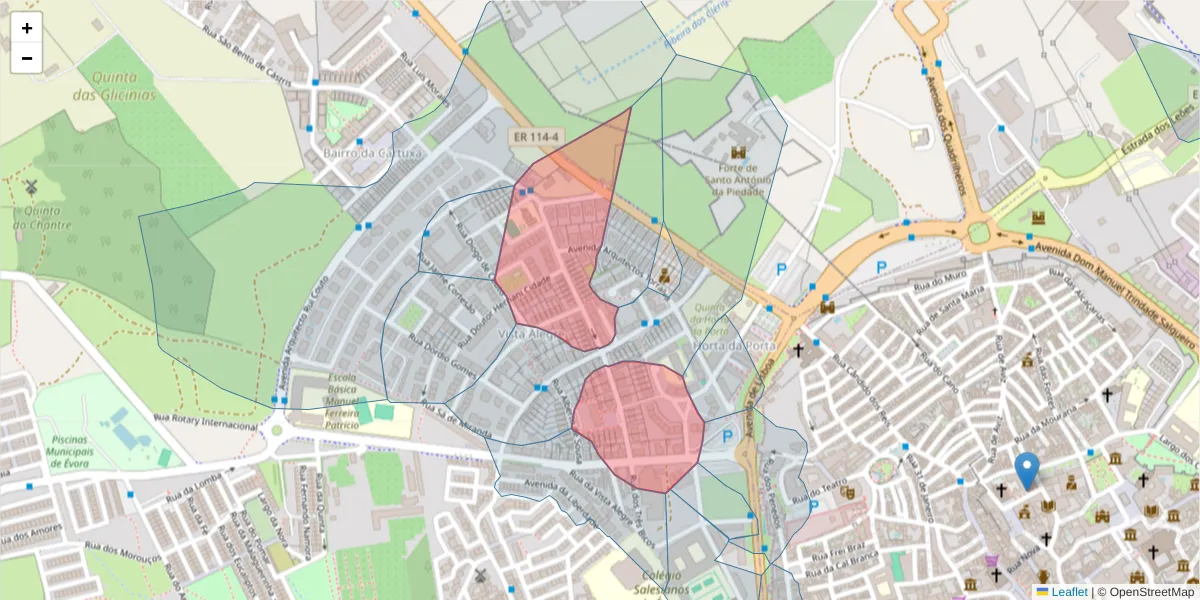 Mapa detalhado do código postal 7000-739 com limites, códigos postais vizinhos e agências dos correios