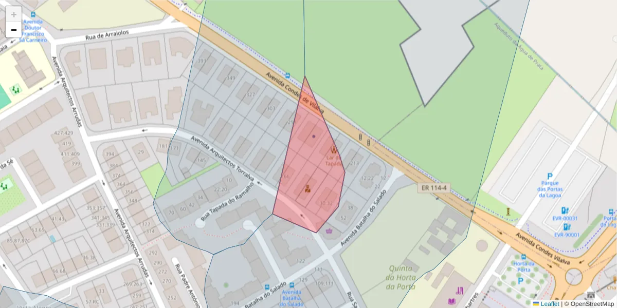 Mapa detalhado do código postal 7000-740 com limites, códigos postais vizinhos e agências dos correios