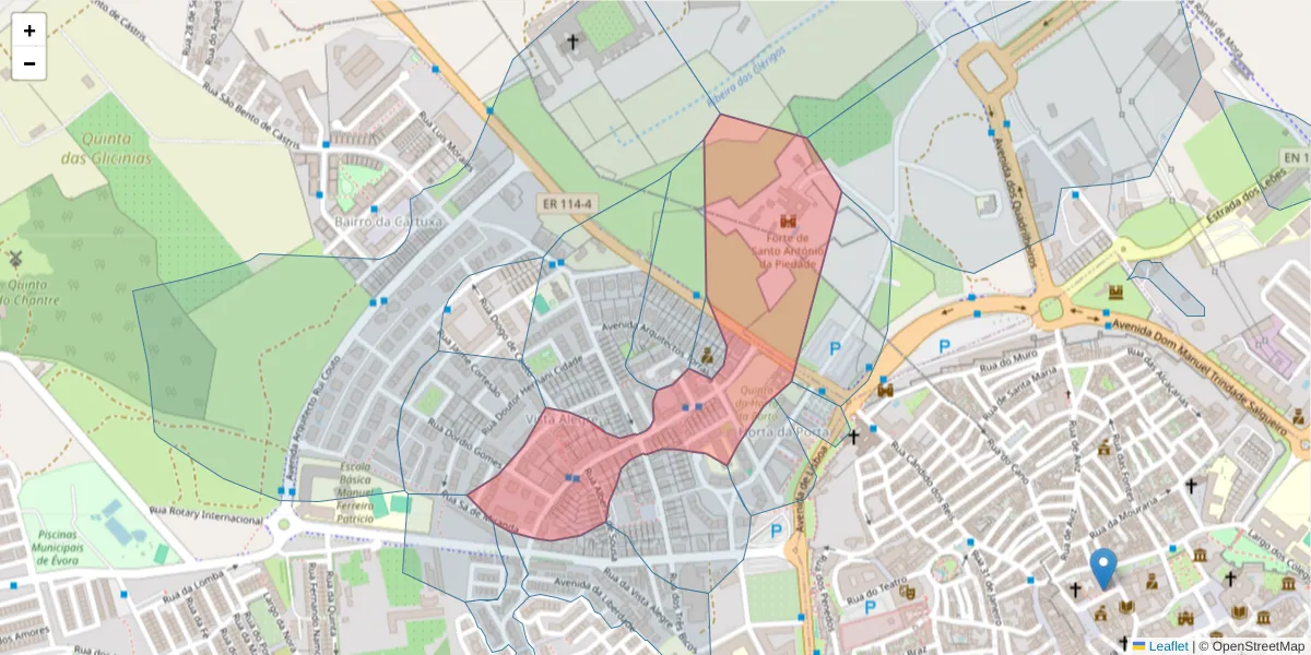 Mapa detalhado do código postal 7000-741 com limites, códigos postais vizinhos e agências dos correios