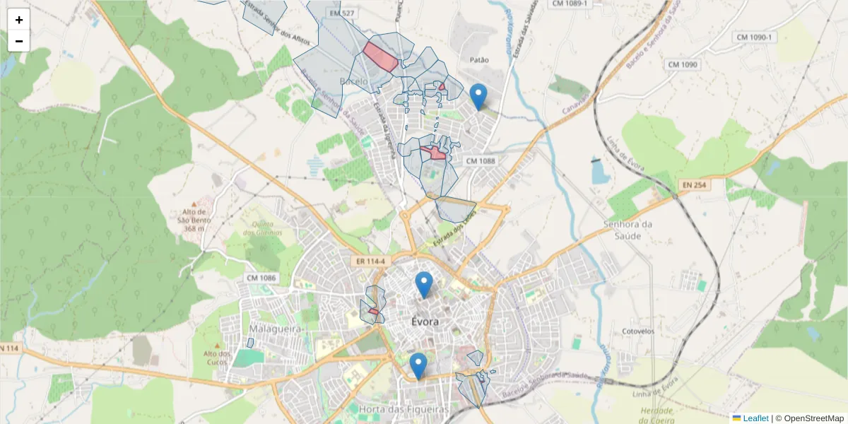 Mapa detalhado do código postal 7000-749 com limites, códigos postais vizinhos e agências dos correios