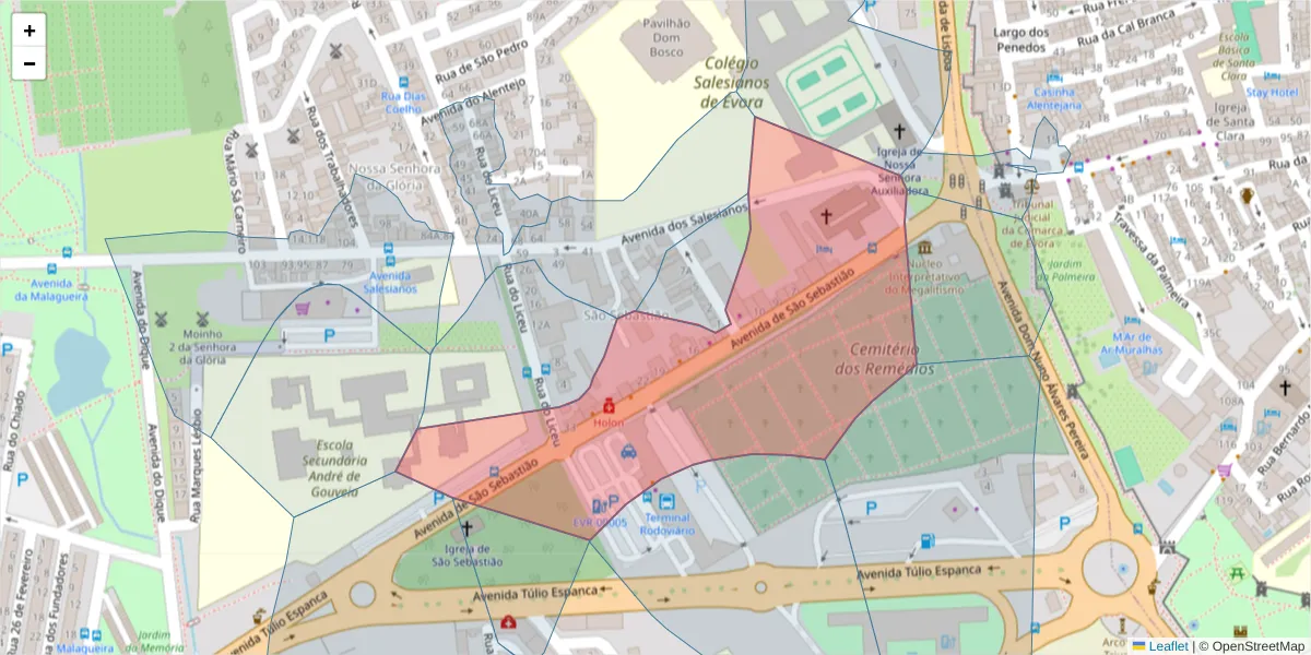 Mapa detalhado do código postal 7000-767 com limites, códigos postais vizinhos e agências dos correios
