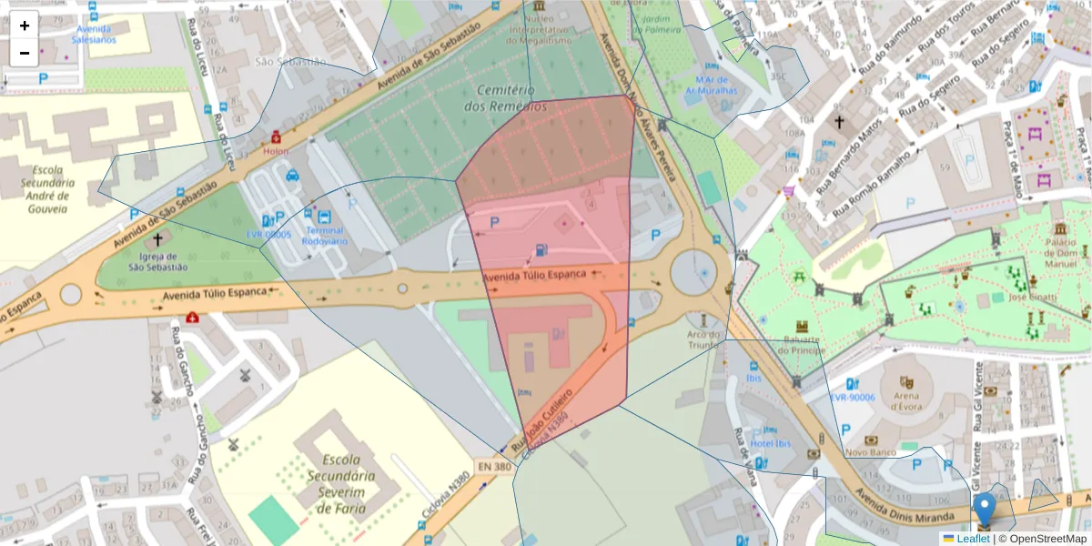 Mapa detalhado do código postal 7000-768 com limites, códigos postais vizinhos e agências dos correios