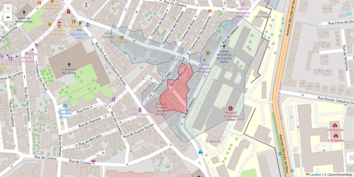 Mapa detalhado do código postal 7000-781 com limites, códigos postais vizinhos e agências dos correios