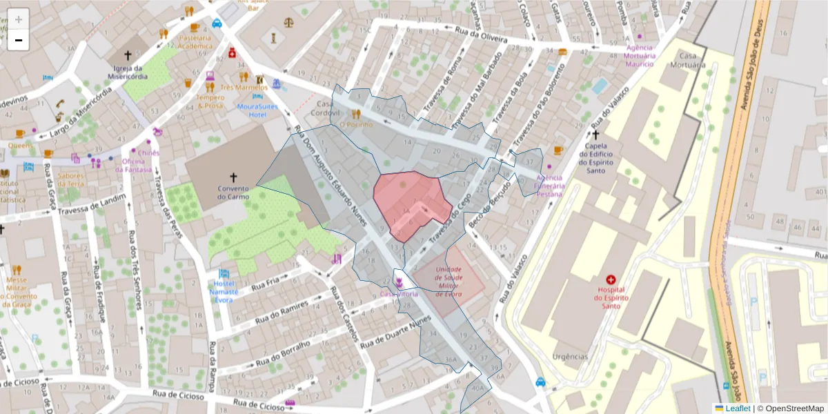 Mapa detalhado do código postal 7000-784 com limites, códigos postais vizinhos e agências dos correios