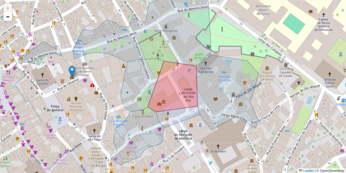 Mapa detalhado do código postal 7000-804 com limites, códigos postais vizinhos e agências dos correios