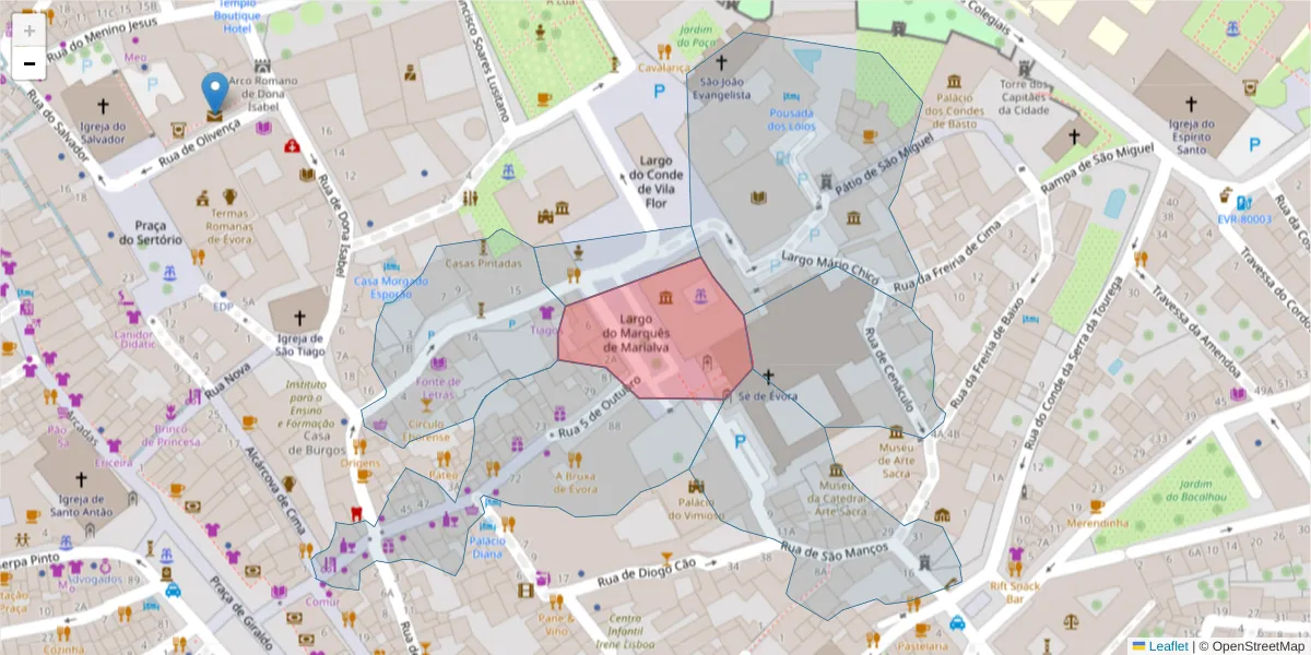 Mapa detalhado do código postal 7000-809 com limites, códigos postais vizinhos e agências dos correios