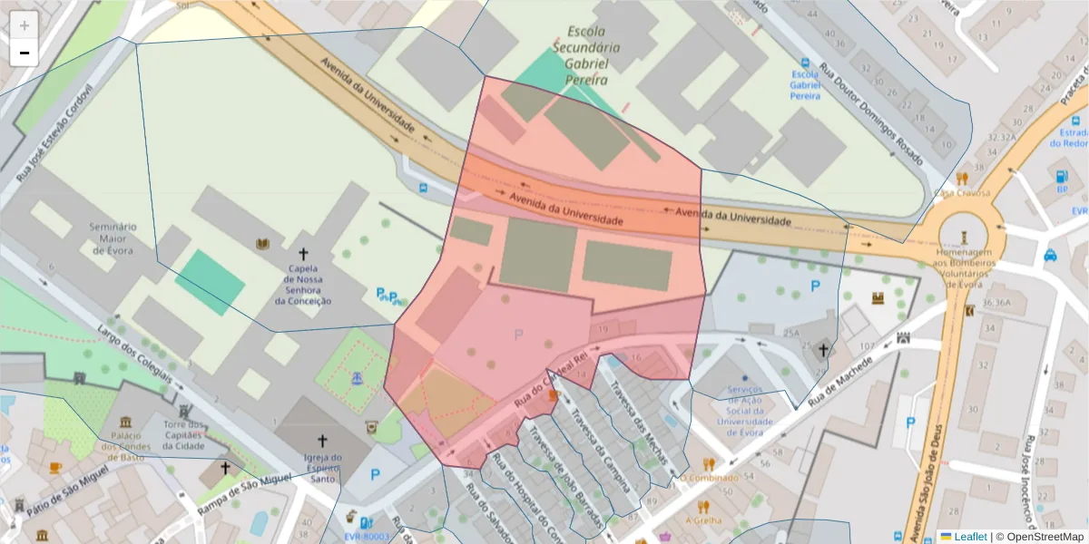 Mapa detalhado do código postal 7000-849 com limites, códigos postais vizinhos e agências dos correios