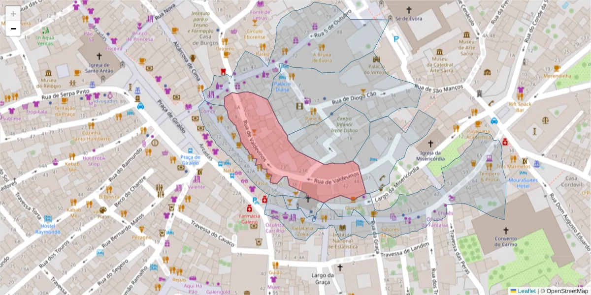 Mapa detalhado do código postal 7000-868 com limites, códigos postais vizinhos e agências dos correios