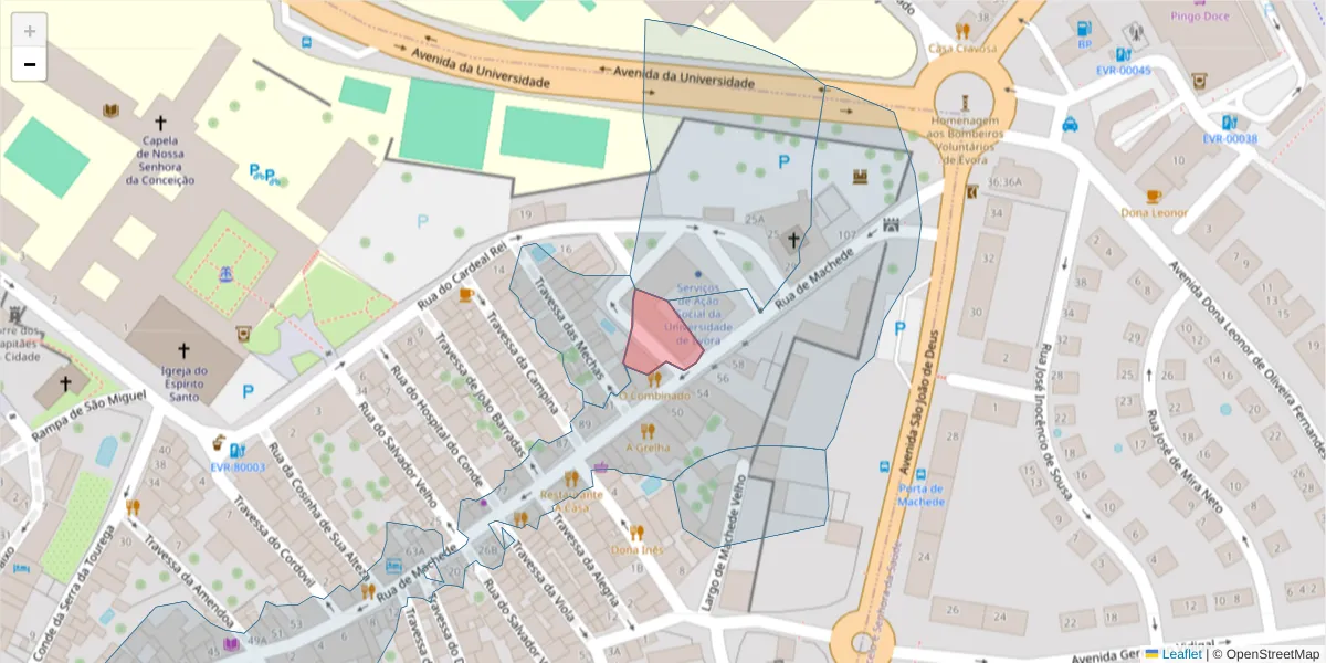 Mapa detalhado do código postal 7000-870 com limites, códigos postais vizinhos e agências dos correios