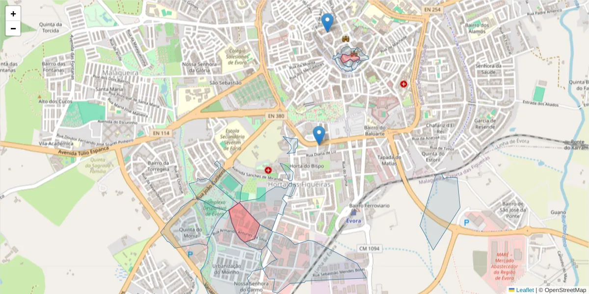Mapa detalhado do código postal 7000-872 com limites, códigos postais vizinhos e agências dos correios