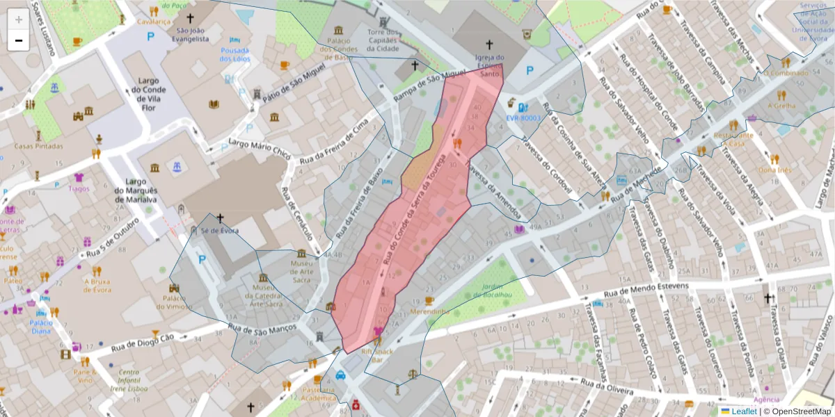 Mapa detalhado do código postal 7000-875 com limites, códigos postais vizinhos e agências dos correios