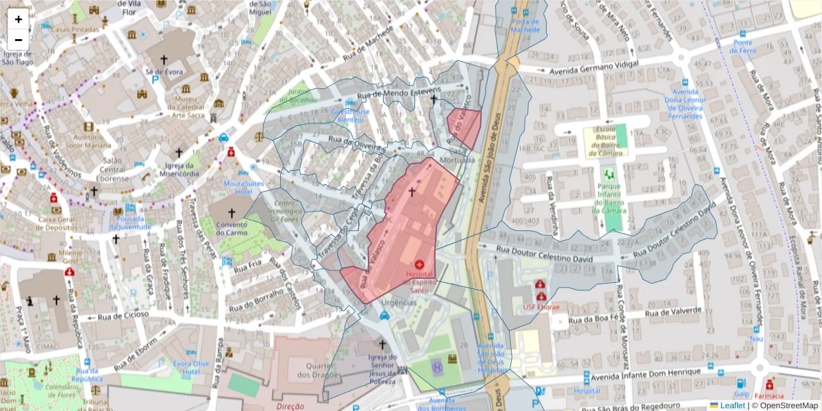 Mapa detalhado do código postal 7000-878 com limites, códigos postais vizinhos e agências dos correios