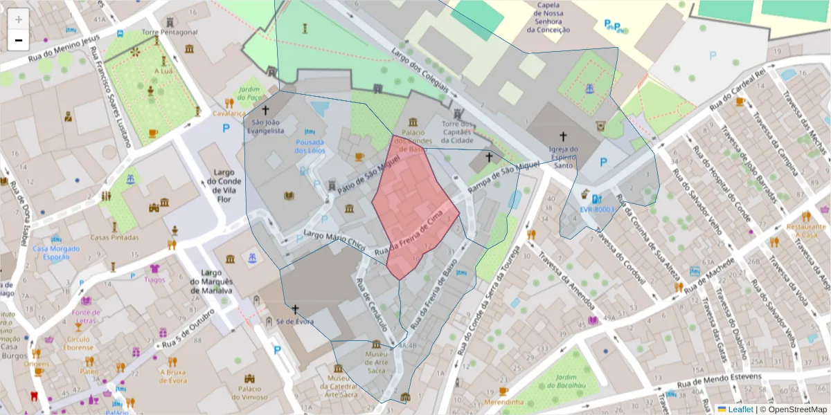 Mapa detalhado do código postal 7000-899 com limites, códigos postais vizinhos e agências dos correios