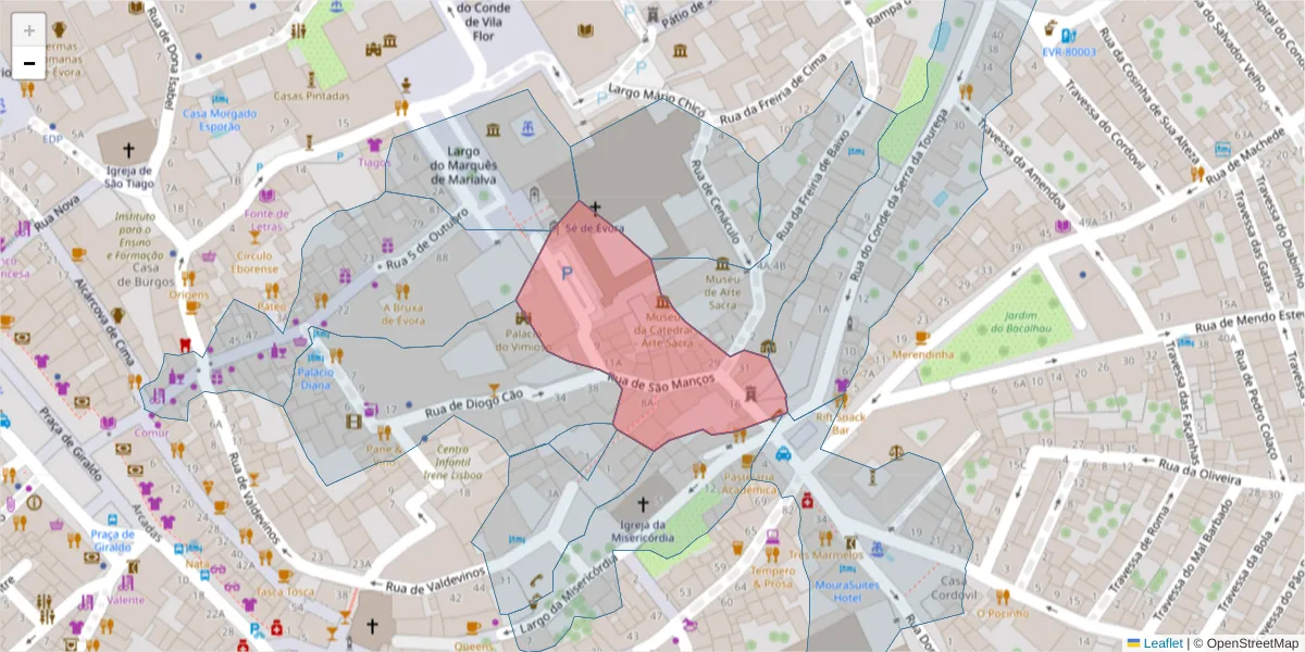 Mapa detalhado do código postal 7000-932 com limites, códigos postais vizinhos e agências dos correios