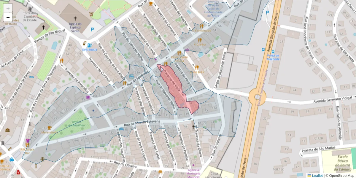 Mapa detalhado do código postal 7000-947 com limites, códigos postais vizinhos e agências dos correios