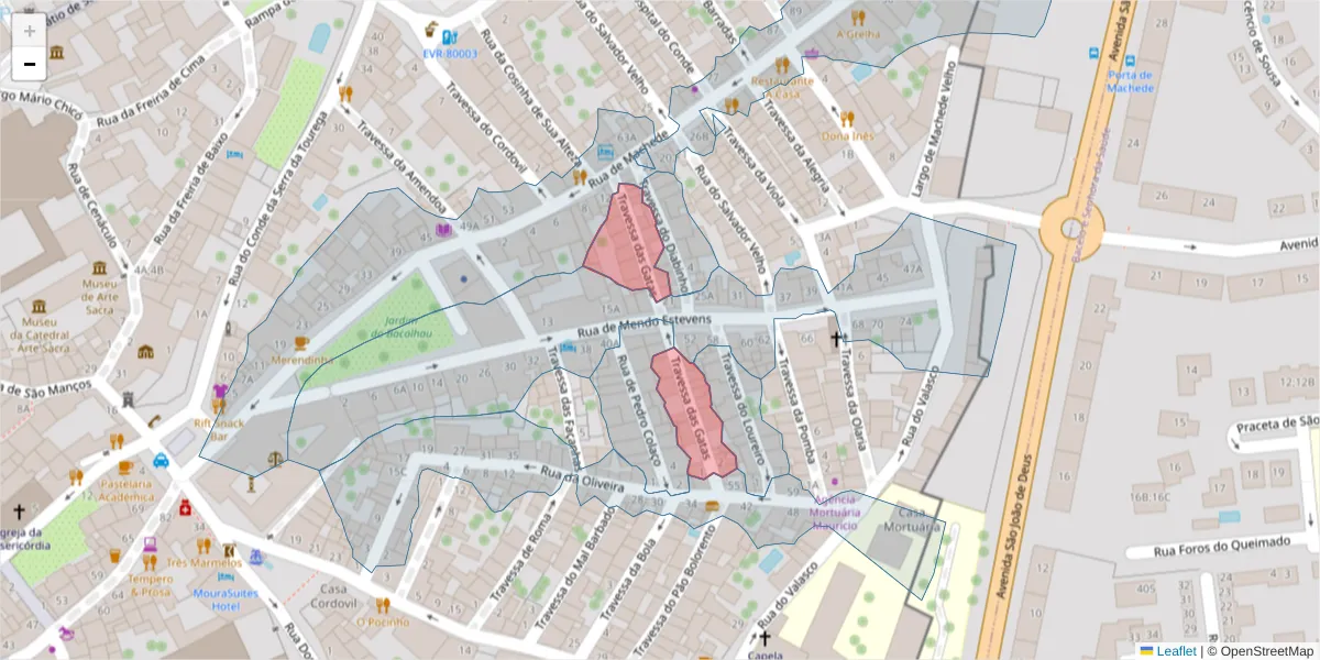 Mapa detalhado do código postal 7000-951 com limites, códigos postais vizinhos e agências dos correios