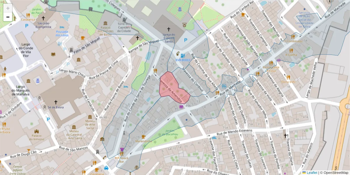 Mapa detalhado do código postal 7000-953 com limites, códigos postais vizinhos e agências dos correios