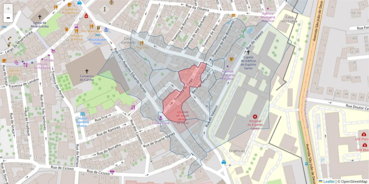 Mapa detalhado do código postal 7000-955 com limites, códigos postais vizinhos e agências dos correios