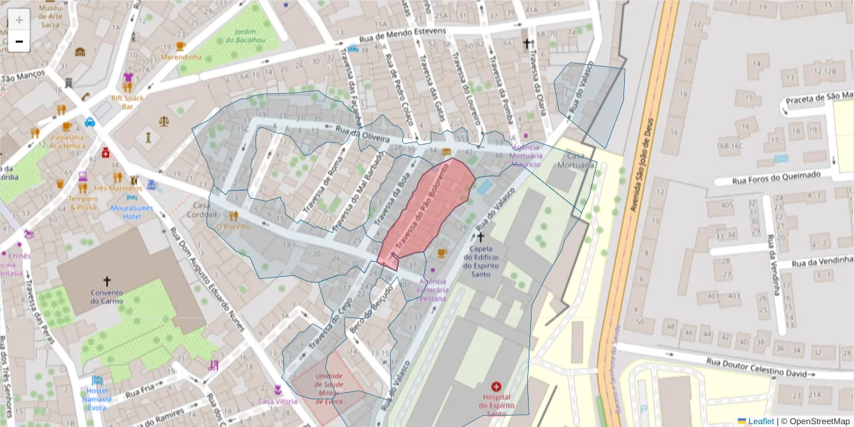 Mapa detalhado do código postal 7000-960 com limites, códigos postais vizinhos e agências dos correios