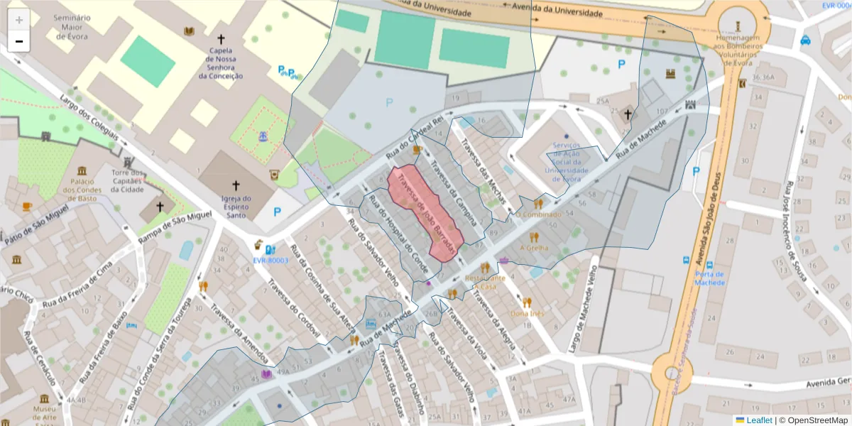 Mapa detalhado do código postal 7000-963 com limites, códigos postais vizinhos e agências dos correios