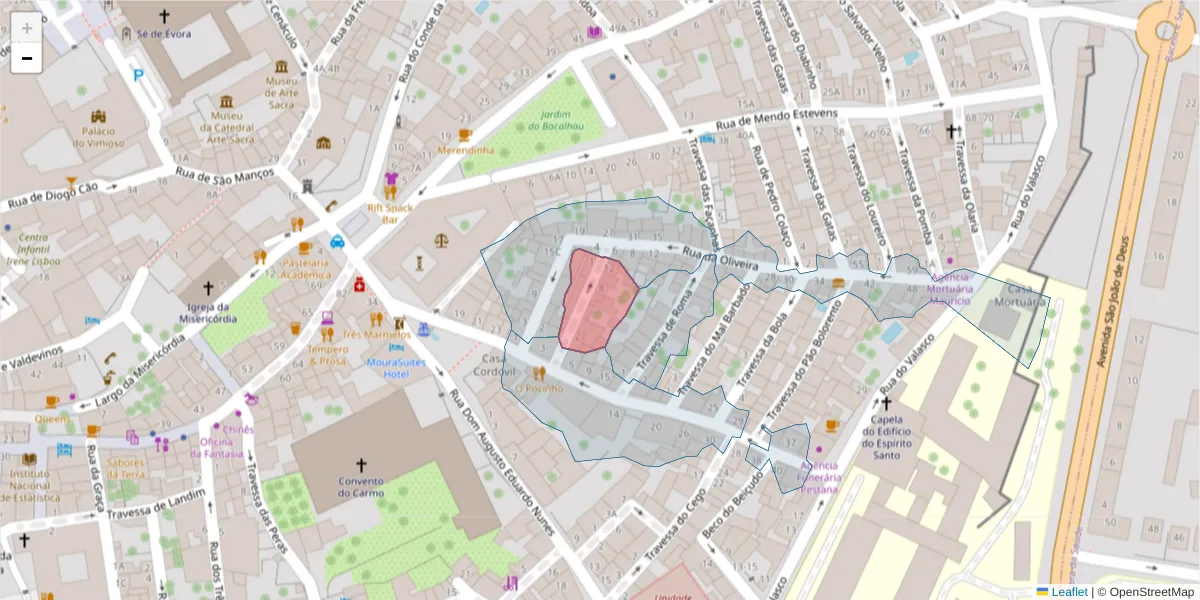 Mapa detalhado do código postal 7000-964 com limites, códigos postais vizinhos e agências dos correios