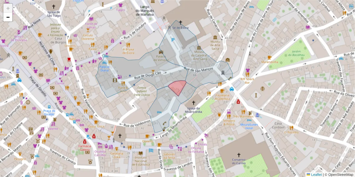 Mapa detalhado do código postal 7000-966 com limites, códigos postais vizinhos e agências dos correios