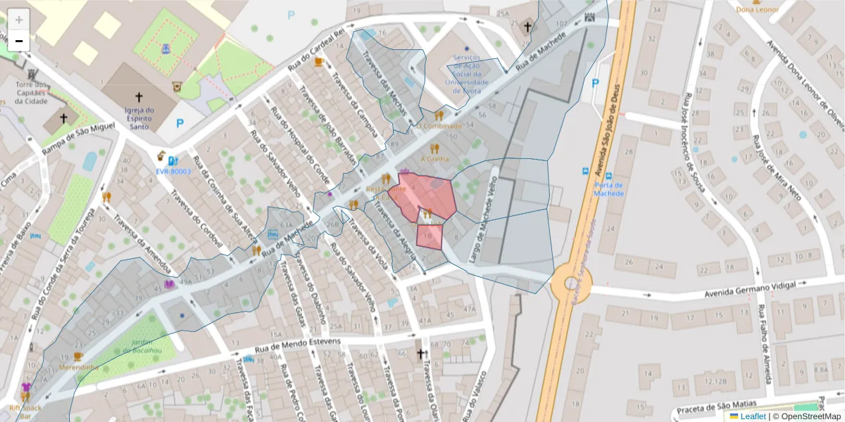 Mapa detalhado do código postal 7000-967 com limites, códigos postais vizinhos e agências dos correios