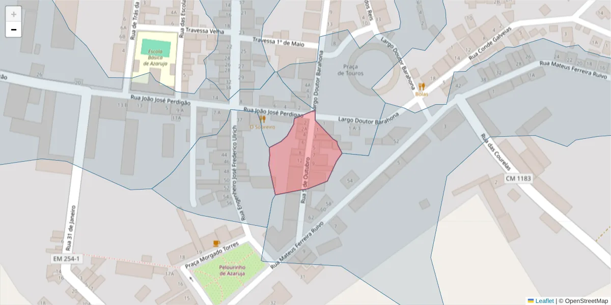 Mapa detalhado do código postal 7005-106 com limites, códigos postais vizinhos e agências dos correios