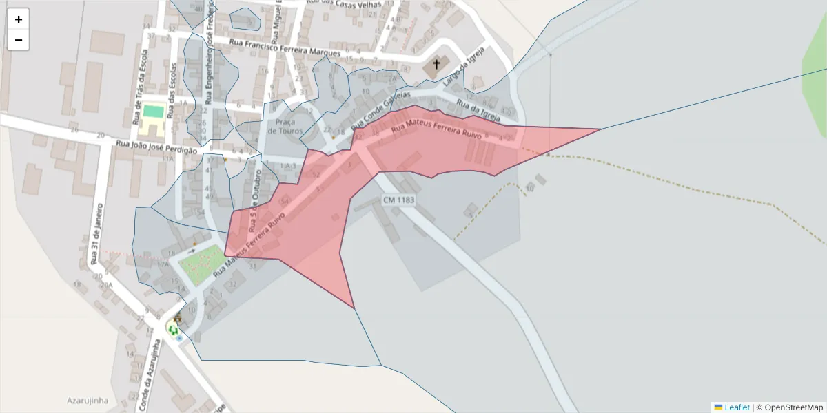 Mapa detalhado do código postal 7005-121 com limites, códigos postais vizinhos e agências dos correios