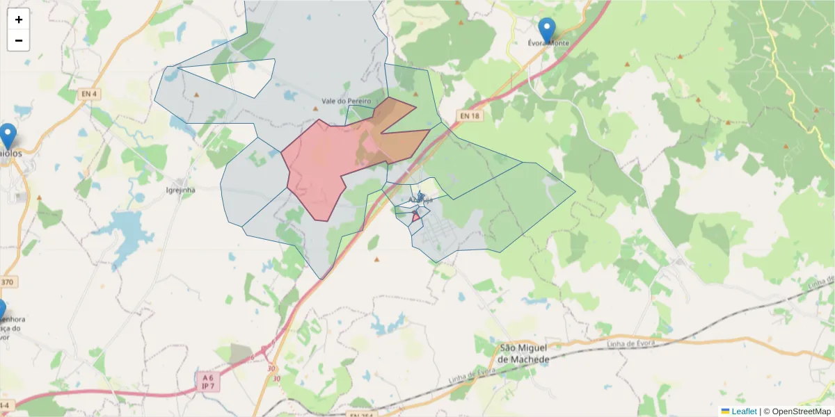 Mapa detalhado do código postal 7005-124 com limites, códigos postais vizinhos e agências dos correios
