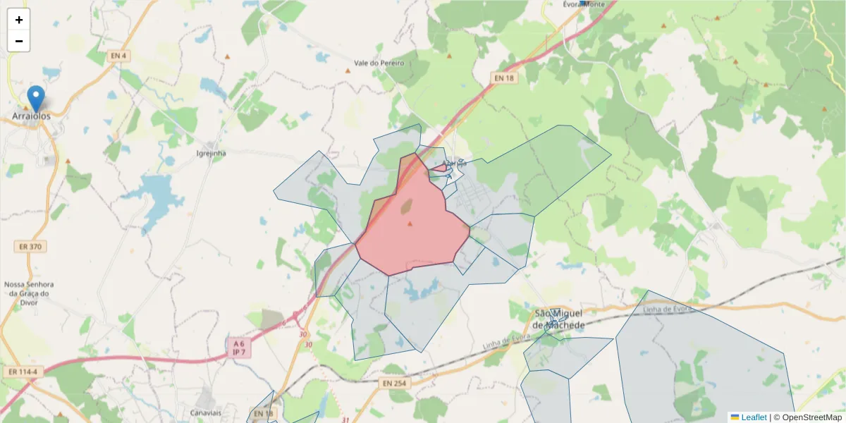 Mapa detalhado do código postal 7005-128 com limites, códigos postais vizinhos e agências dos correios