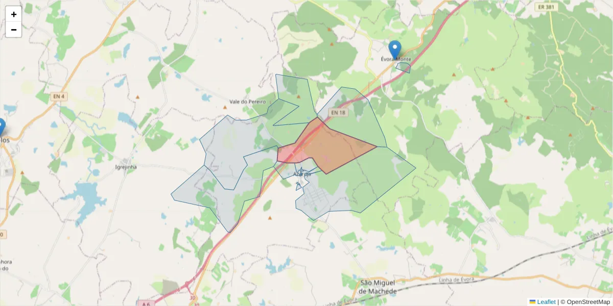 Mapa detalhado do código postal 7005-129 com limites, códigos postais vizinhos e agências dos correios