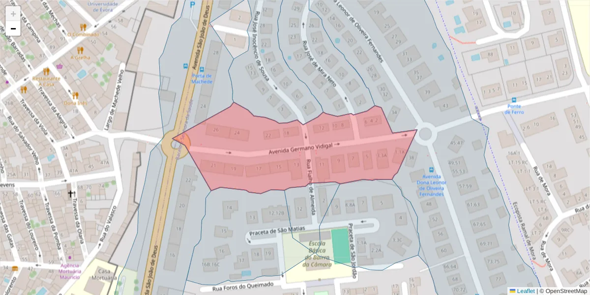Mapa detalhado do código postal 7005-160 com limites, códigos postais vizinhos e agências dos correios