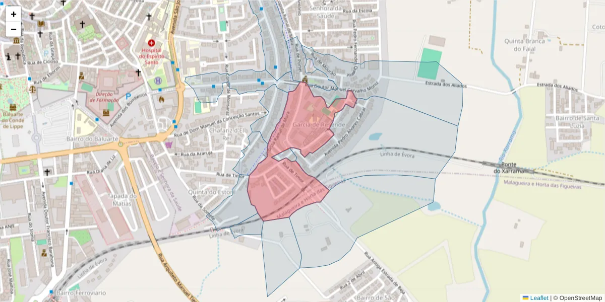 Mapa detalhado do código postal 7005-161 com limites, códigos postais vizinhos e agências dos correios
