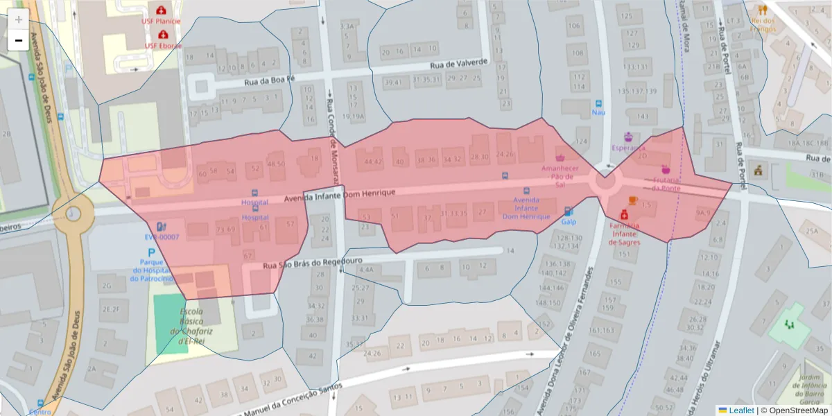 Mapa detalhado do código postal 7005-169 com limites, códigos postais vizinhos e agências dos correios