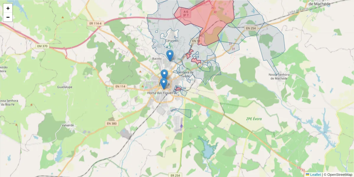 Mapa detalhado do código postal 7005-175 com limites, códigos postais vizinhos e agências dos correios