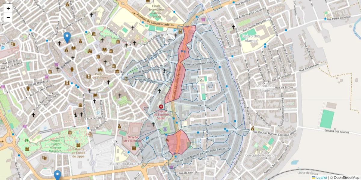 Mapa detalhado do código postal 7005-181 com limites, códigos postais vizinhos e agências dos correios
