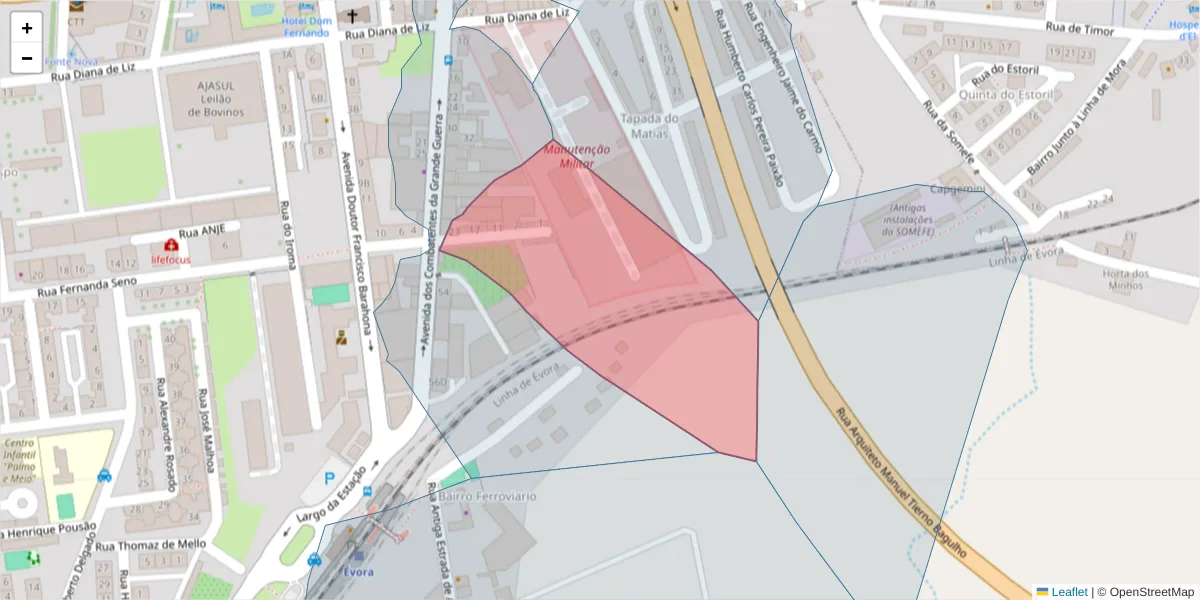 Mapa detalhado do código postal 7005-189 com limites, códigos postais vizinhos e agências dos correios