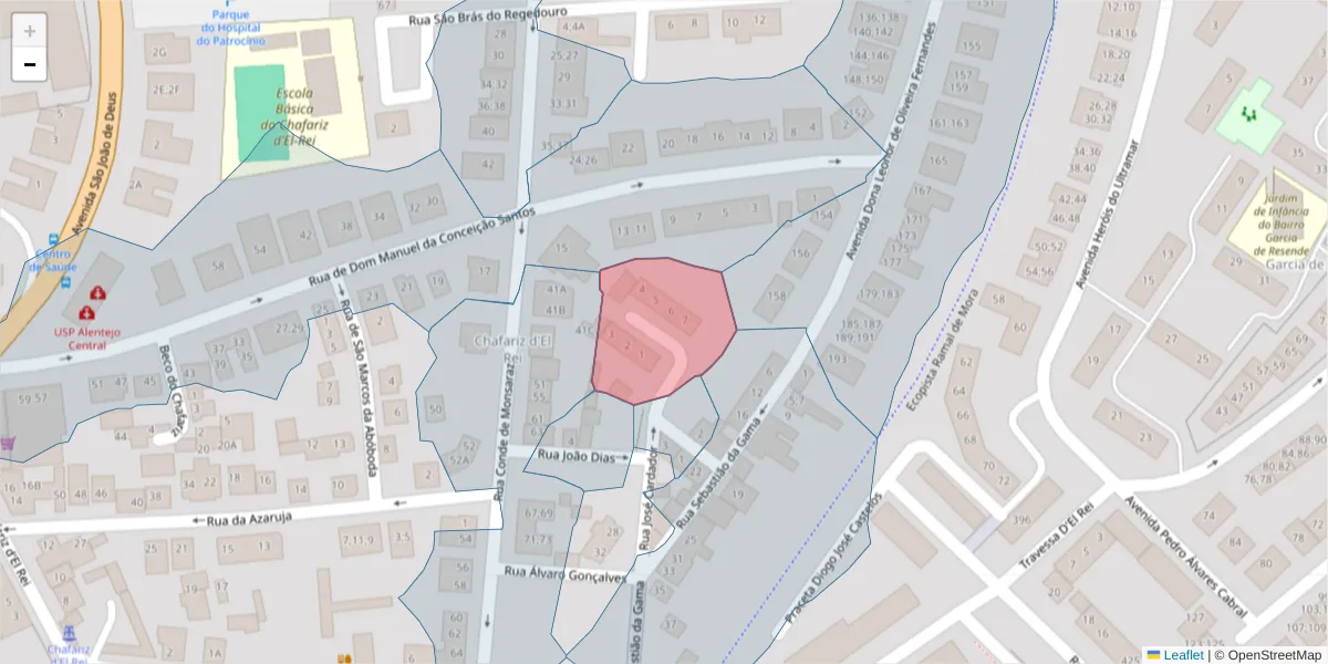 Mapa detalhado do código postal 7005-197 com limites, códigos postais vizinhos e agências dos correios