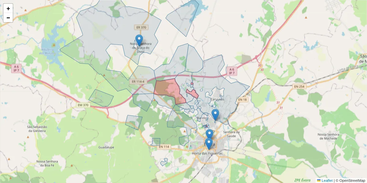 Mapa detalhado do código postal 7005-204 com limites, códigos postais vizinhos e agências dos correios