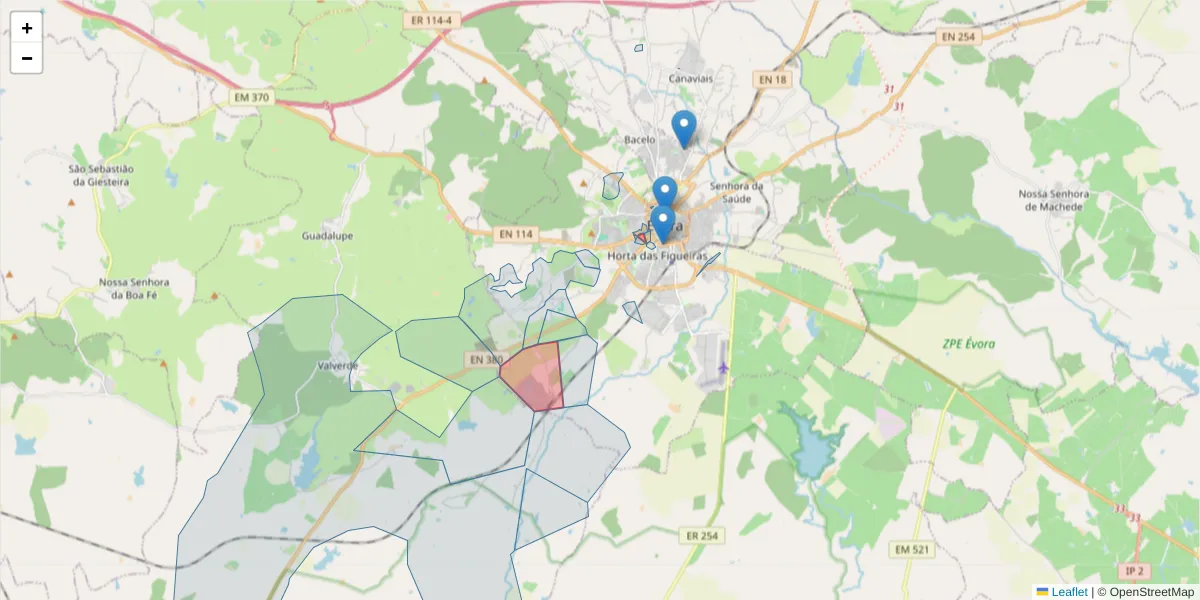 Mapa detalhado do código postal 7005-206 com limites, códigos postais vizinhos e agências dos correios