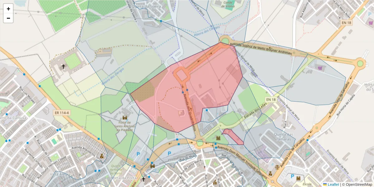 Mapa detalhado do código postal 7005-208 com limites, códigos postais vizinhos e agências dos correios