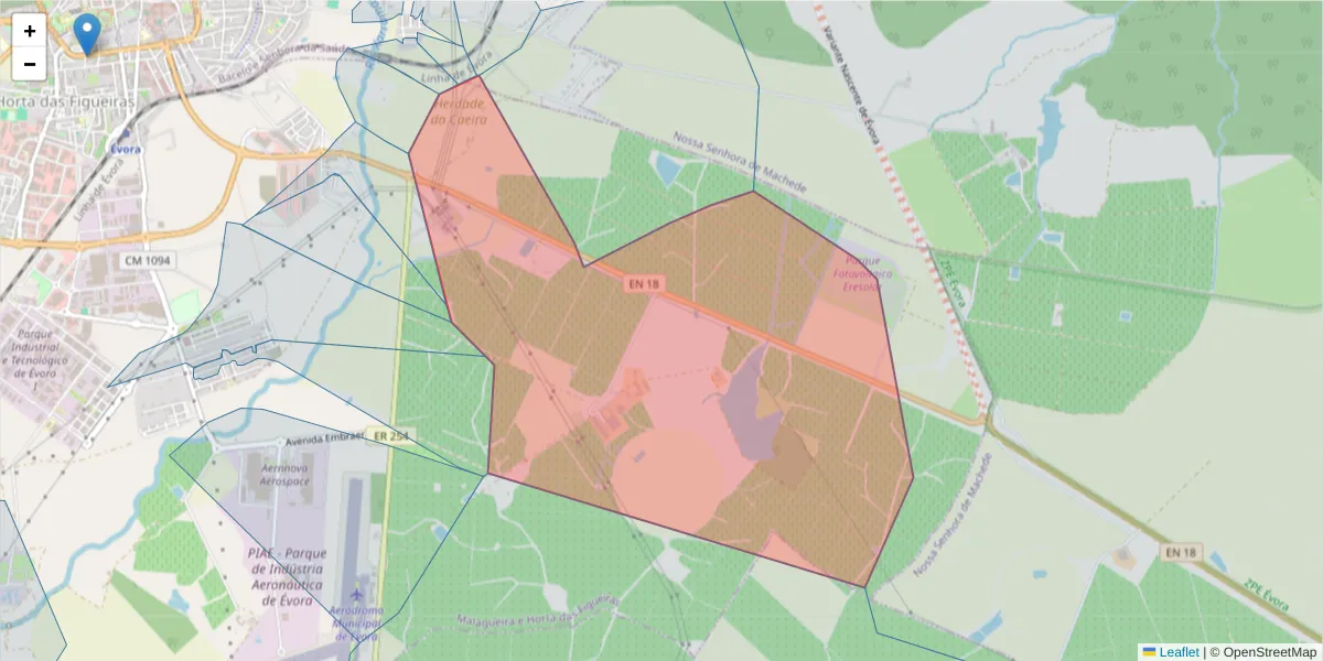 Mapa detalhado do código postal 7005-211 com limites, códigos postais vizinhos e agências dos correios