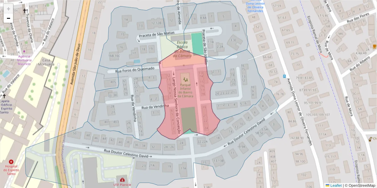Mapa detalhado do código postal 7005-225 com limites, códigos postais vizinhos e agências dos correios