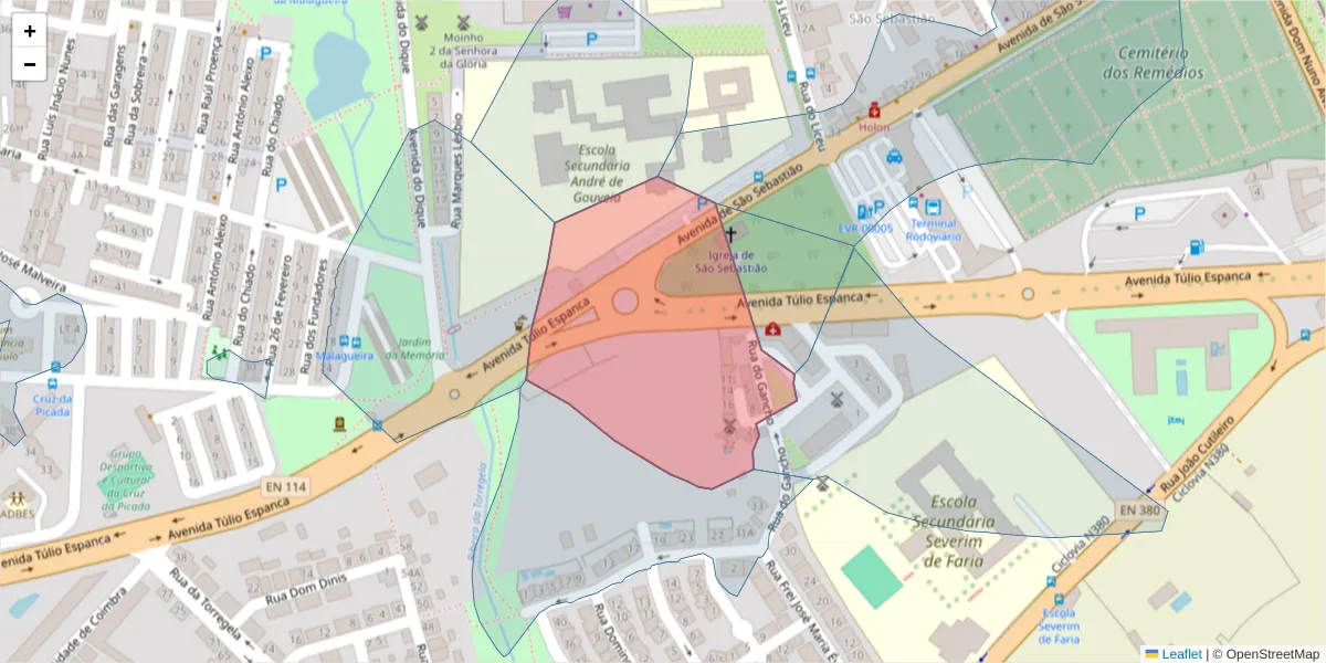 Mapa detalhado do código postal 7005-233 com limites, códigos postais vizinhos e agências dos correios