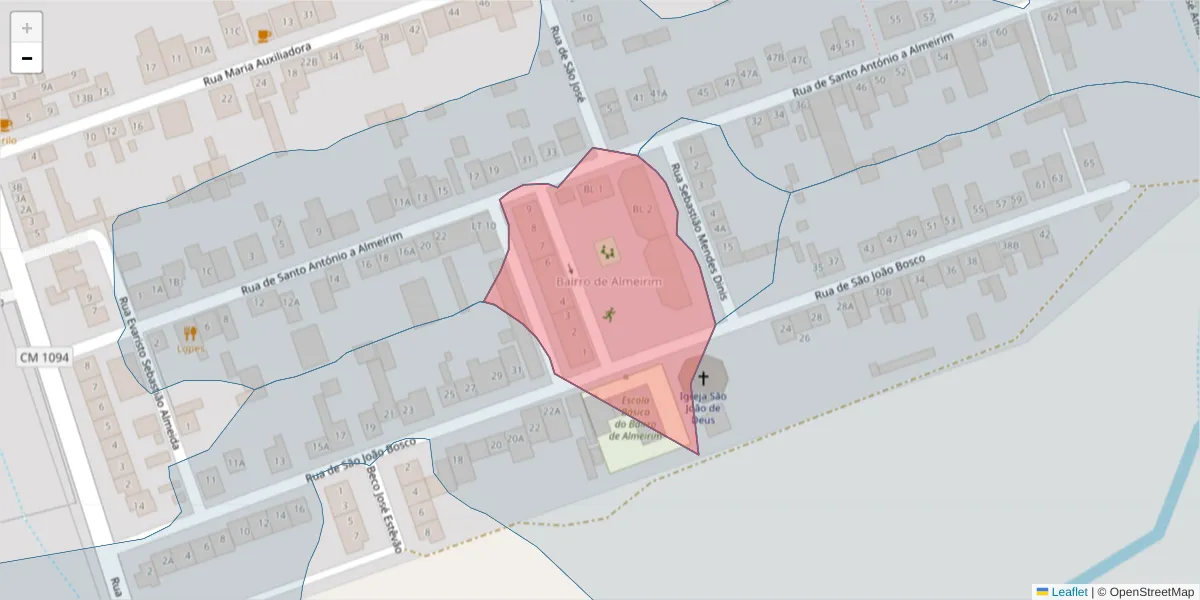 Mapa detalhado do código postal 7005-243 com limites, códigos postais vizinhos e agências dos correios