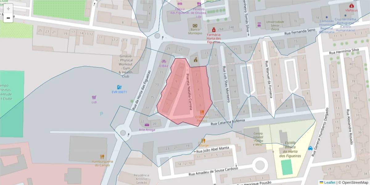 Mapa detalhado do código postal 7005-260 com limites, códigos postais vizinhos e agências dos correios